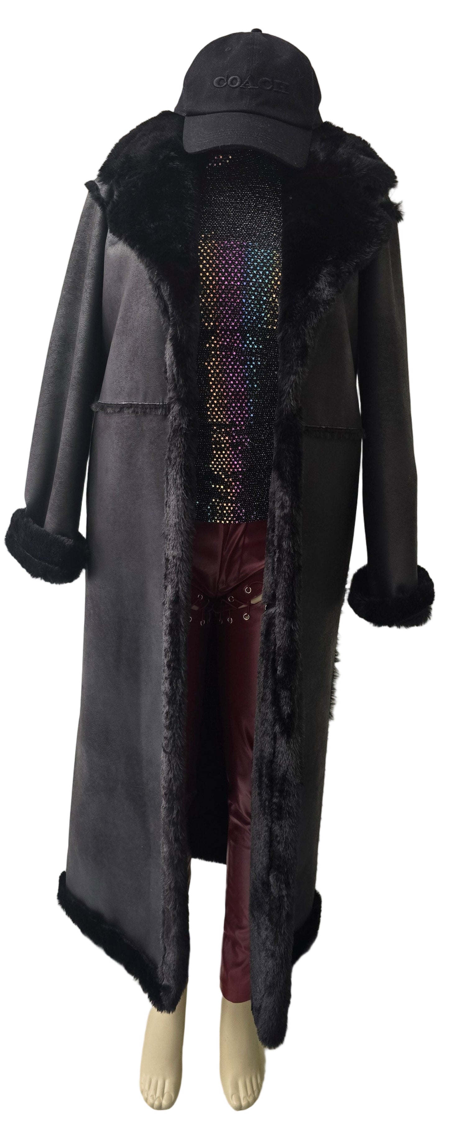 Black Vegan Leather with Faux Fur Coat