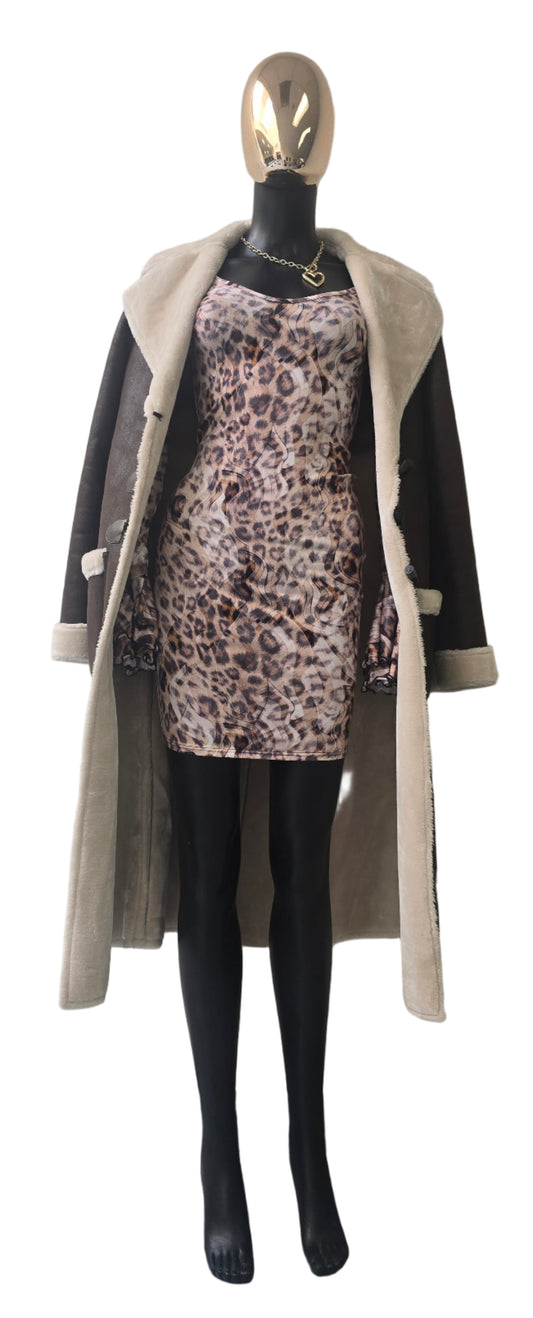 Brown Vegan Leather Coat with Faux Fur